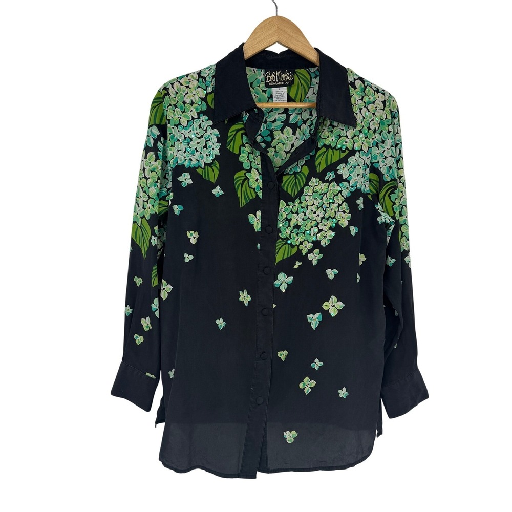 Vintage Bob Mackie Wearable Art Silk Blouse Black Green Beaded Sequin Small - Picture 2 of 16
